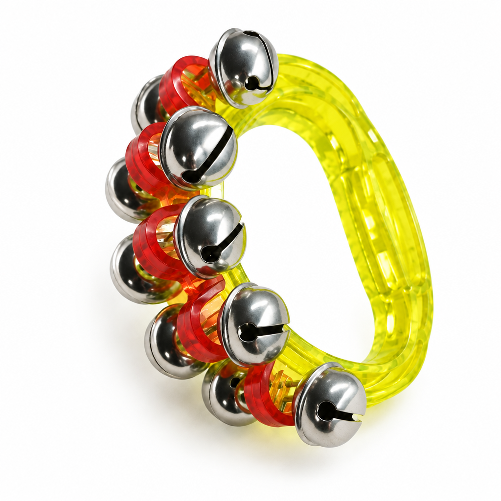 Yellow handheld sleigh bell with red inner holders, 45-degree angled view