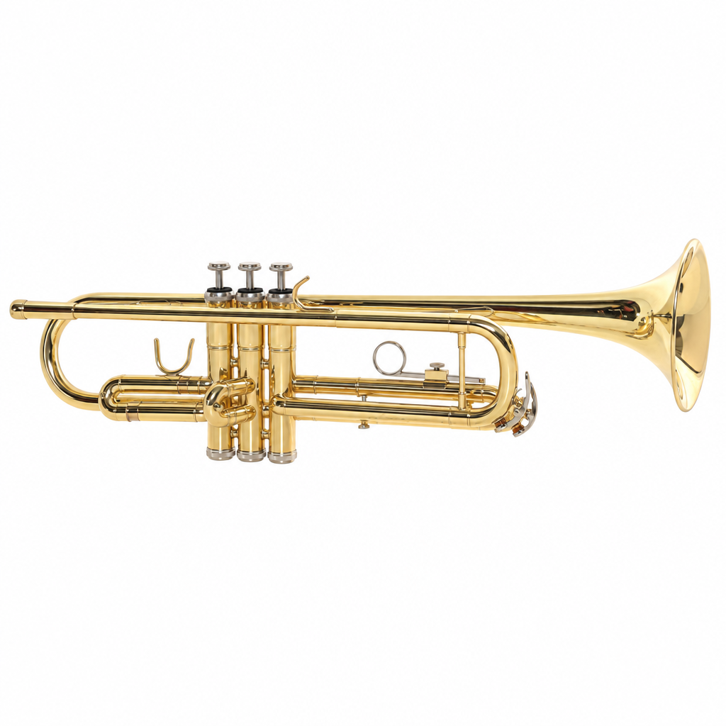 Full side view of the gold brass Khon 6418L Bb trumpet with three valves and 5-inch bell