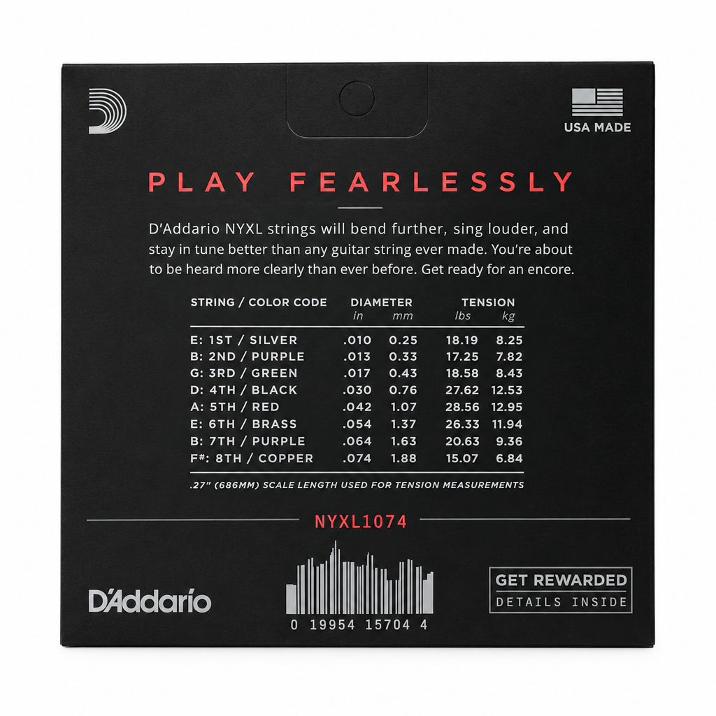 Back view of the D'Addario NYXL1074 8-string package, showing its string gauge and specifications.