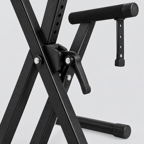Close detail of the unbranded Q-2XC-1 black double-X keyboard stand central locking mechanism, adjustment handle, support arm, and rubber foot