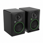 Pair of two Mackie CR4.5BT black powered studio monitors shown from a high angle with cabinet depth, front drivers, green trim, and front controls