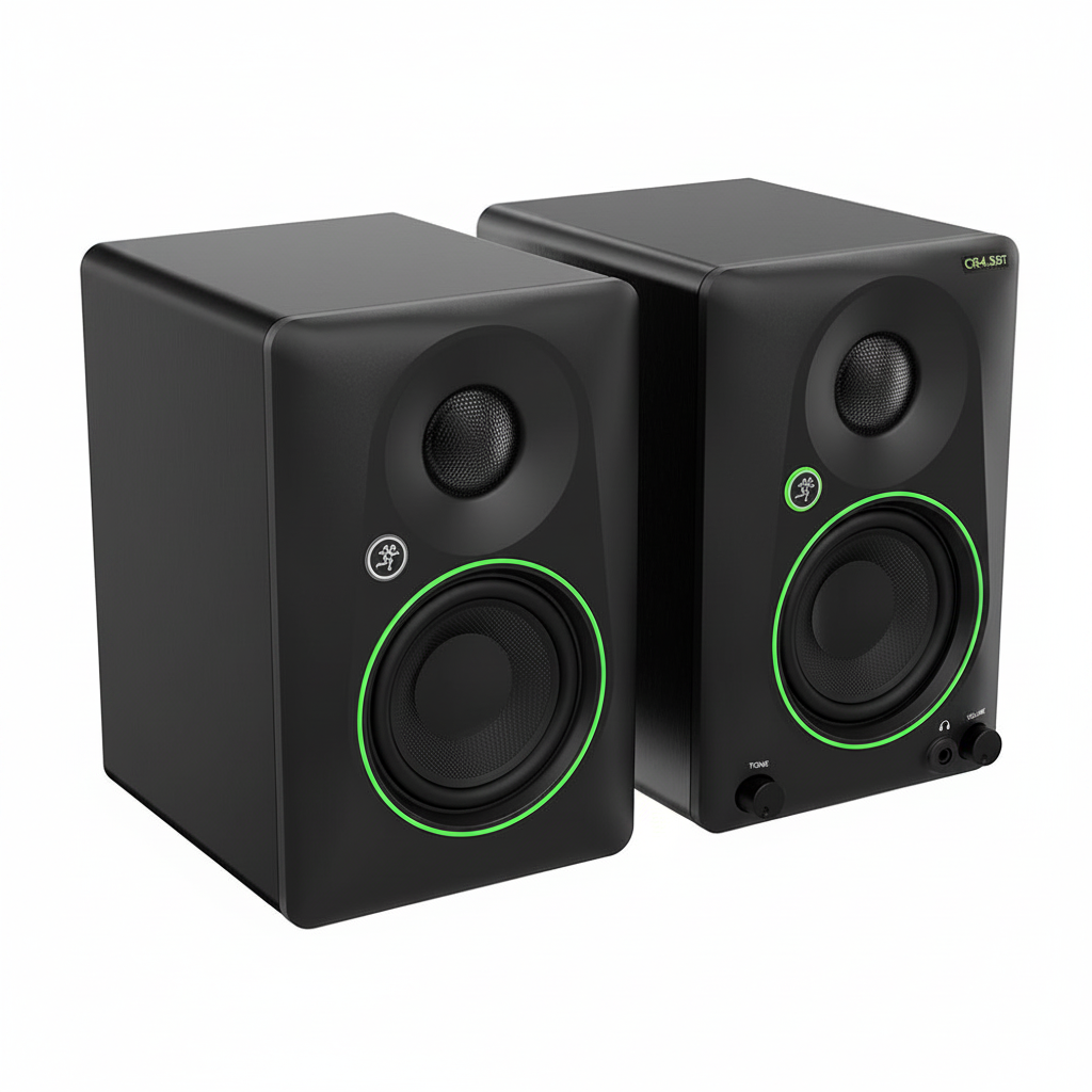 Pair of two Mackie CR4.5BT black powered studio monitors shown from a high angle with cabinet depth, front drivers, green trim, and front controls