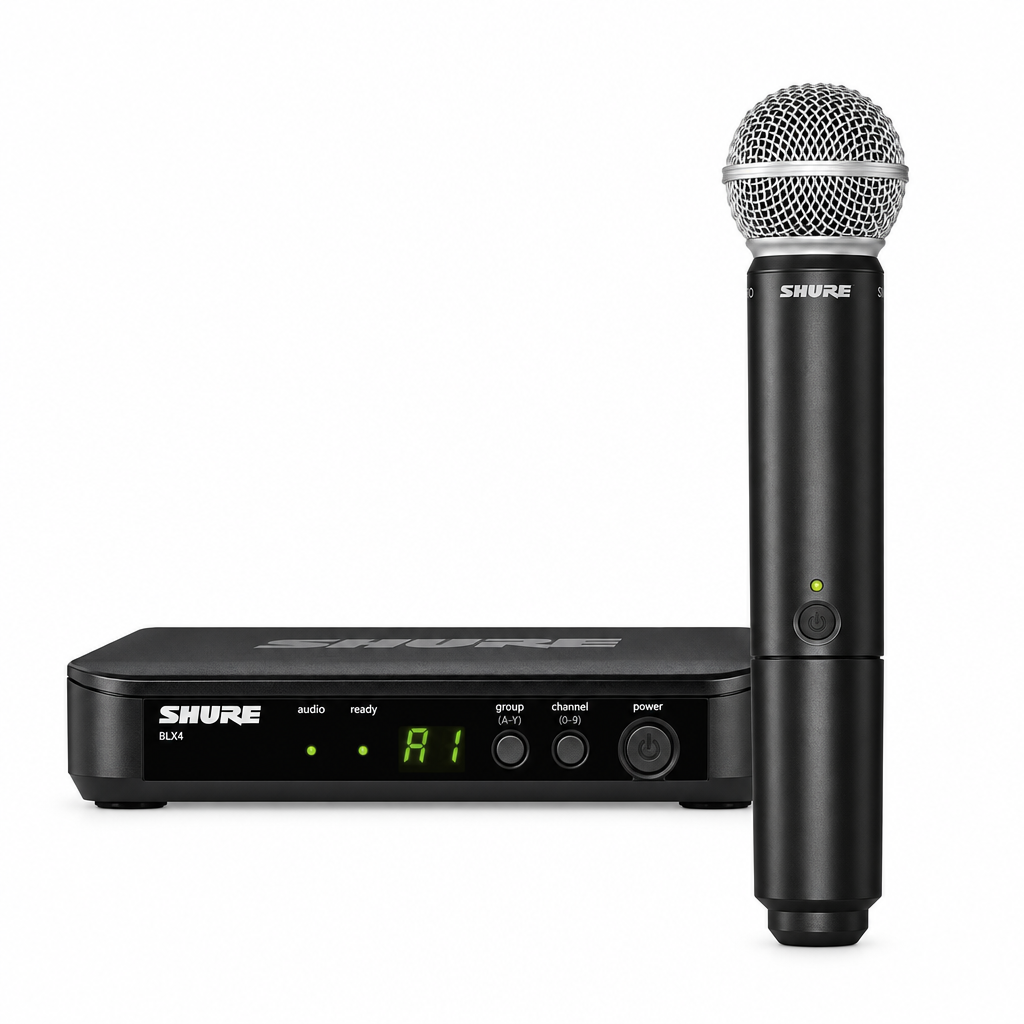 Shure BLX24UK/SM58-H8E wireless microphone system with SM58 handheld microphone and BLX4 receiver.