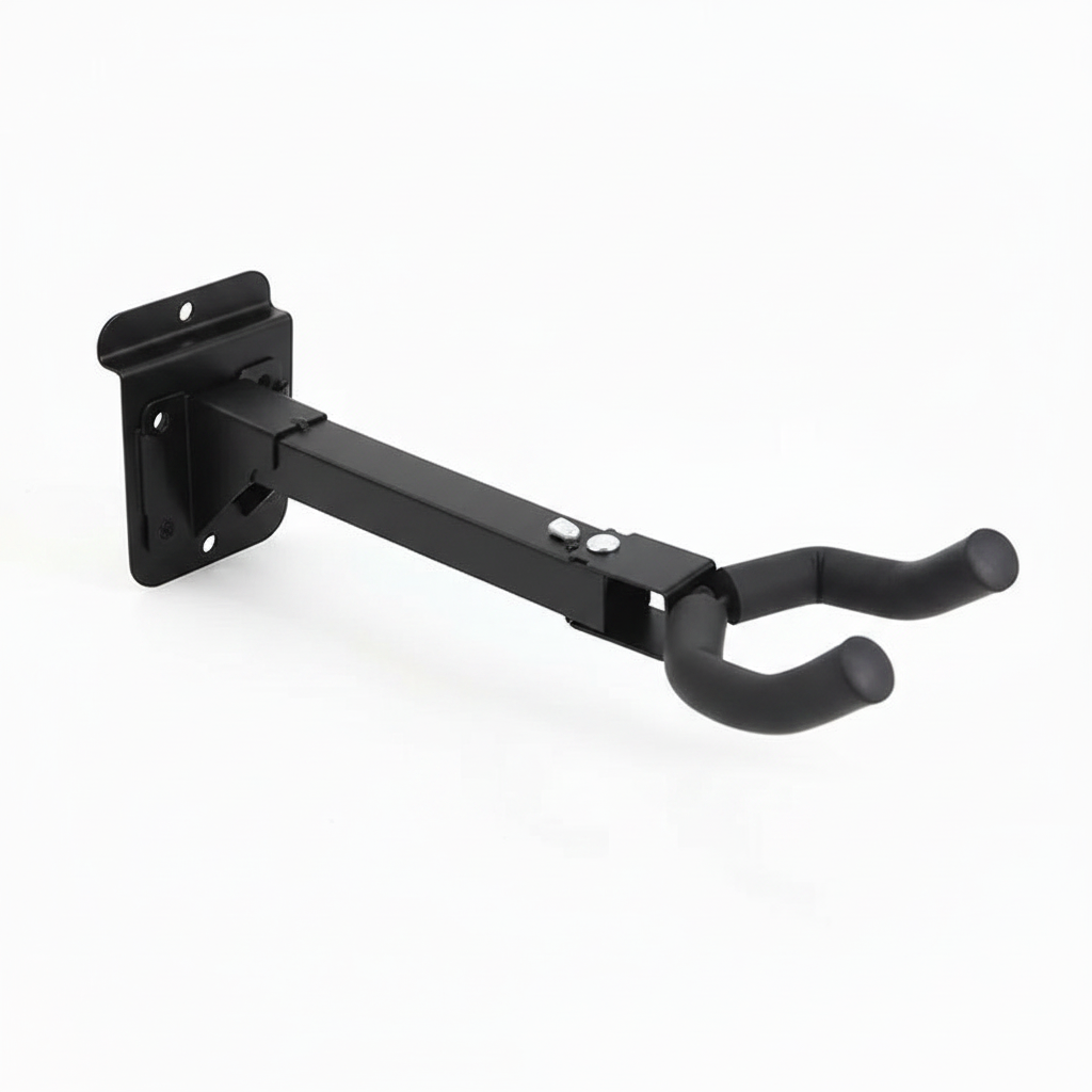 Unbranded J-11 guitar wall hanger shown in a three-quarter view with its wall plate, mounting arm, and padded guitar support