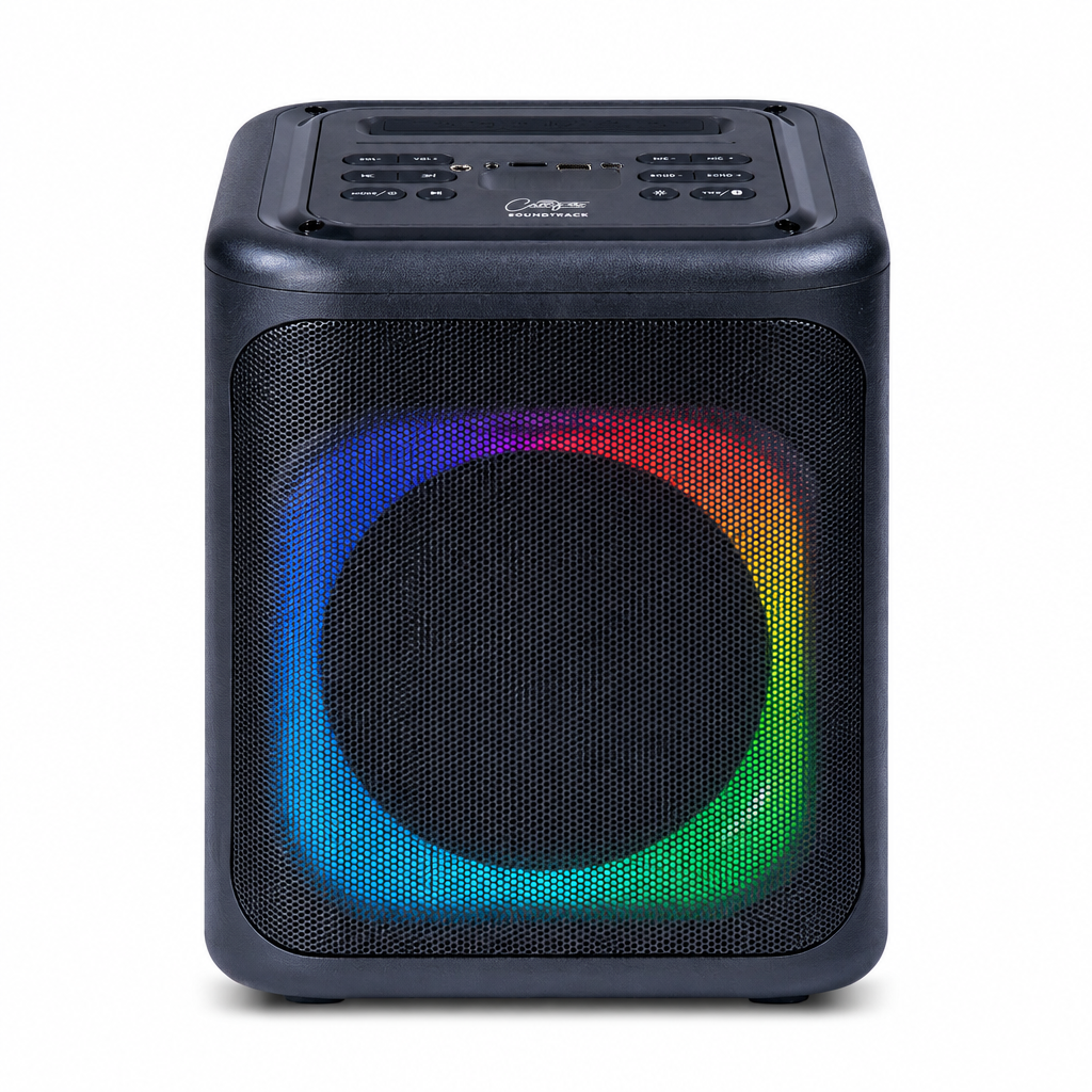 Front view of the black Carry-On Soundtrack Bluetooth party speaker with multicolor LED lighting.