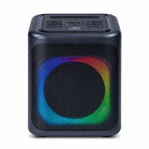 Front view of the black Carry-On Soundtrack Bluetooth party speaker with multicolor LED lighting.