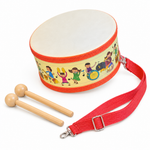 Wooden toy drum for children with two wooden mallets and shoulder strap, 45 degree view