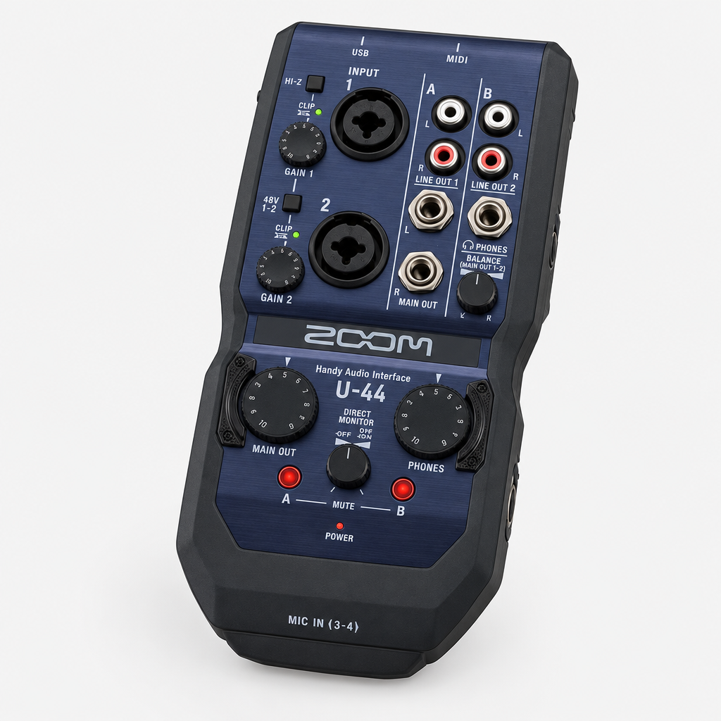 Three-quarter view of the Zoom U44 Handy Audio Interface showing its control surface and side profile.