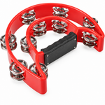 Close-up of Teniniyu red tambourine grip and double-row metal jingles