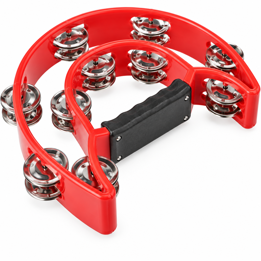 Close-up of Teniniyu red tambourine grip and double-row metal jingles