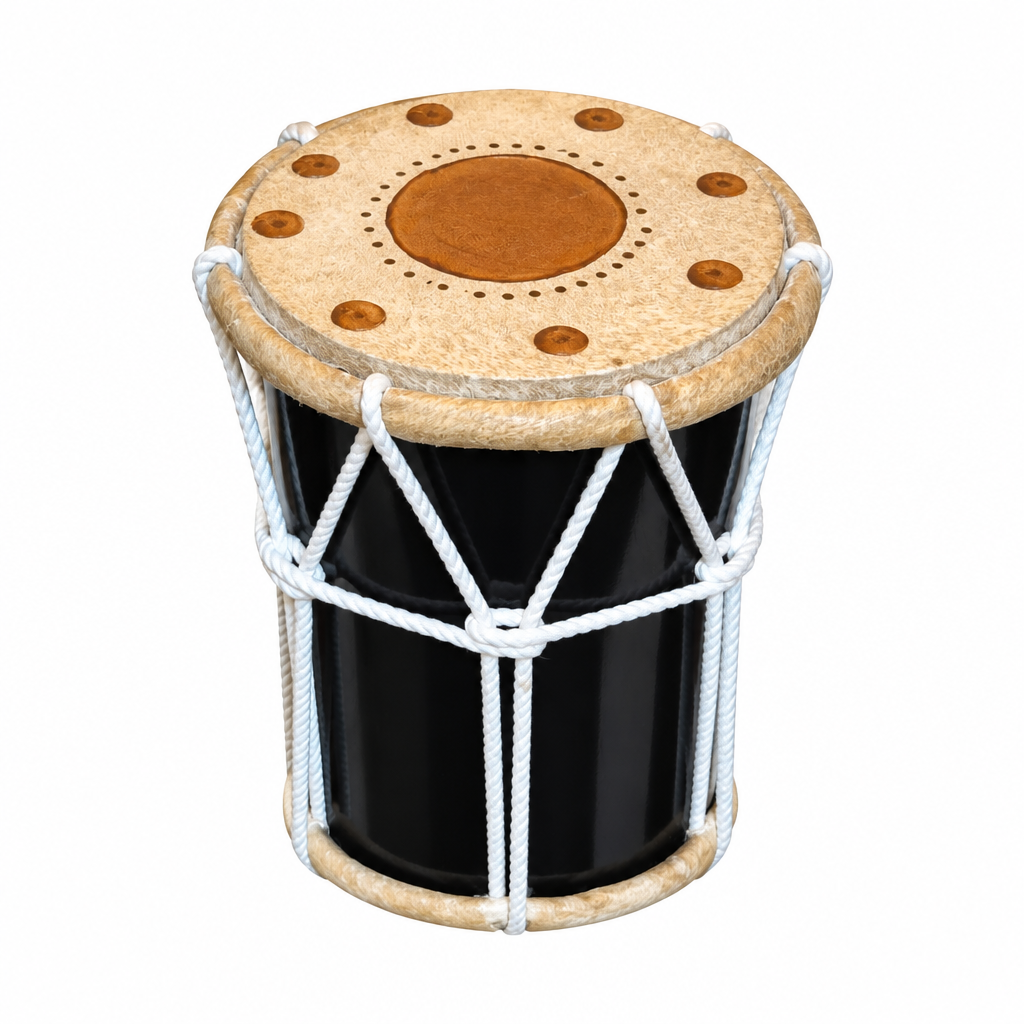 Front view of the black Chasser medium Arabic drum with a light-colored head and white rope lacing