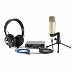 Behringer U-Phoria Studio Pro Recording Bundle shown from the front with one UMC202HD interface, one C-1 microphone, HPS5000 headphones, microphone stand, XLR cable, and USB cable