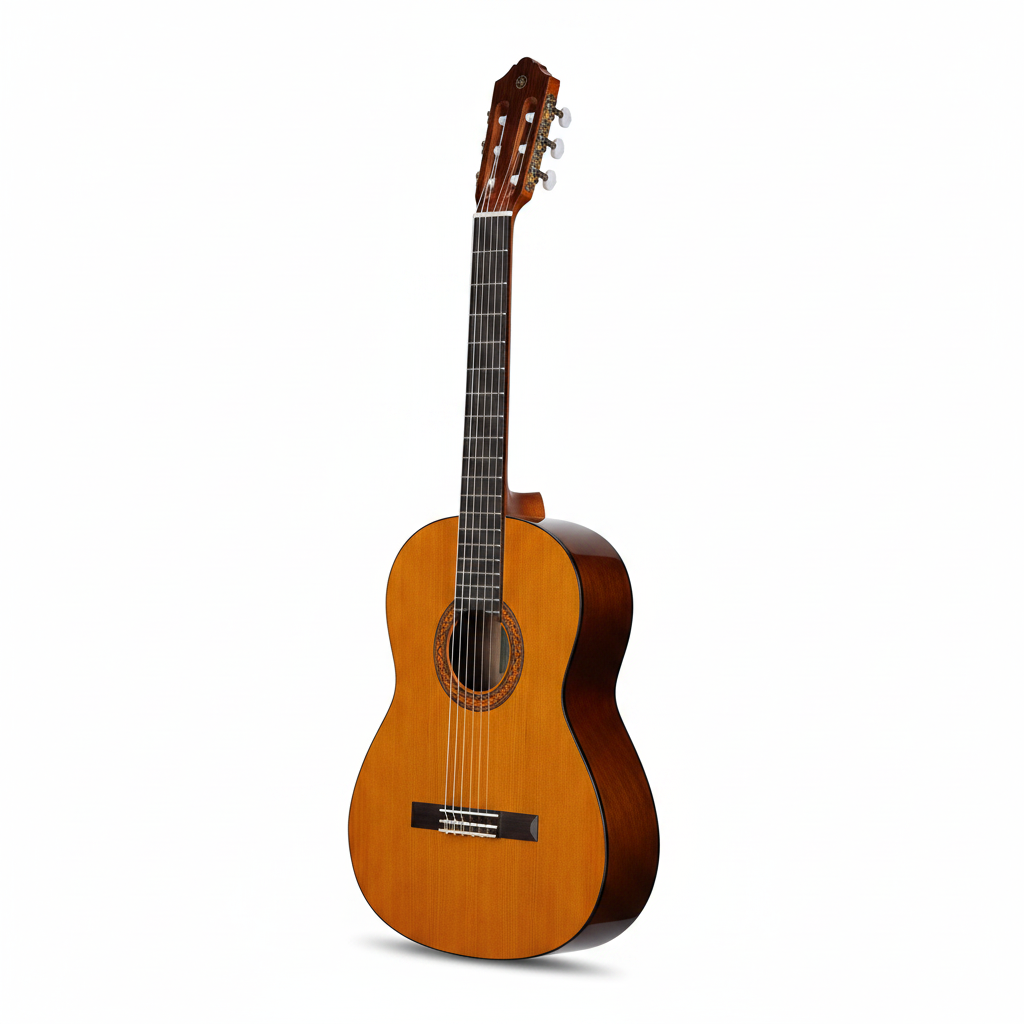 Yamaha C40 full-size classical nylon guitar shown upright from a front three-quarter angle with natural finish on a white background