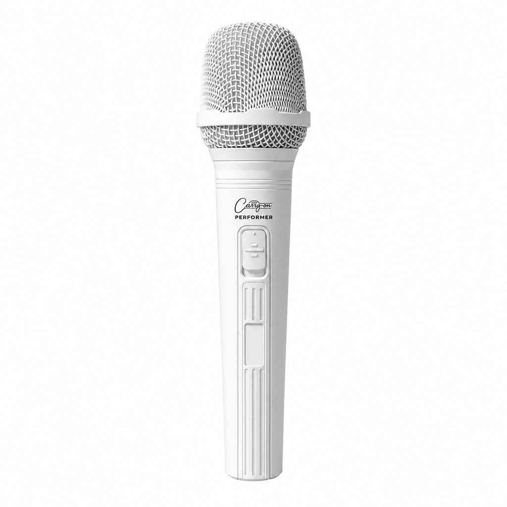 Front view of the white Carry-On Performer dynamic microphone.