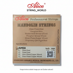 Alice AM08 mandolin strings package shown straight-on with AM08 checked, four-string E A D G specifications, winding materials, loop ends, anti-rust coating, and QR label preserved on a clean white background