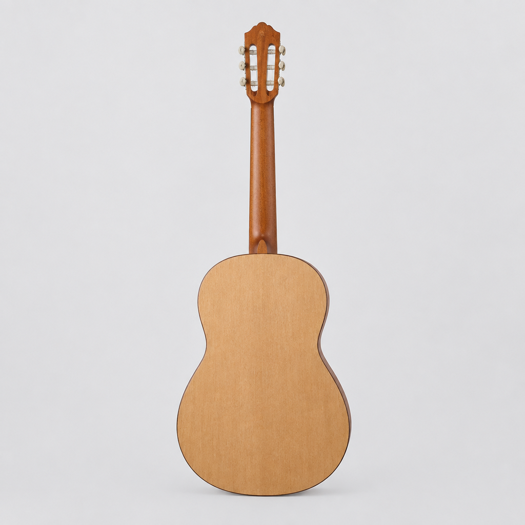 Straight-on full rear view of the Yamaha C40MII classical guitar in a natural satin matte finish.