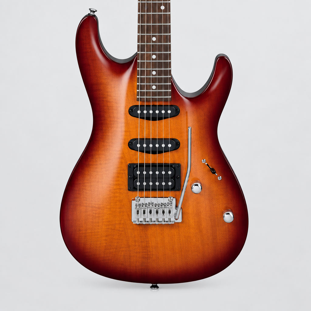Straight-on close-up of the Ibanez GSA60 HSS pickups, strings, tremolo bridge, and controls.