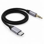 Type-C to 3.5 mm audio car cable, angled view showing the braided cable, USB-C connector, and gold 3.5 mm plug