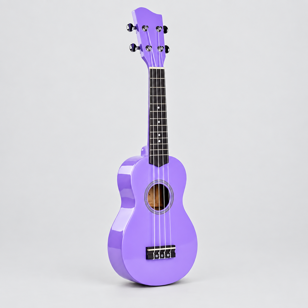 Unbranded GK-10 vivid purple soprano ukulele shown from a three-quarter angle with its compact body and blank headstock