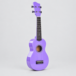 Unbranded GK-10 vivid purple soprano ukulele shown from a three-quarter angle with its compact body and blank headstock