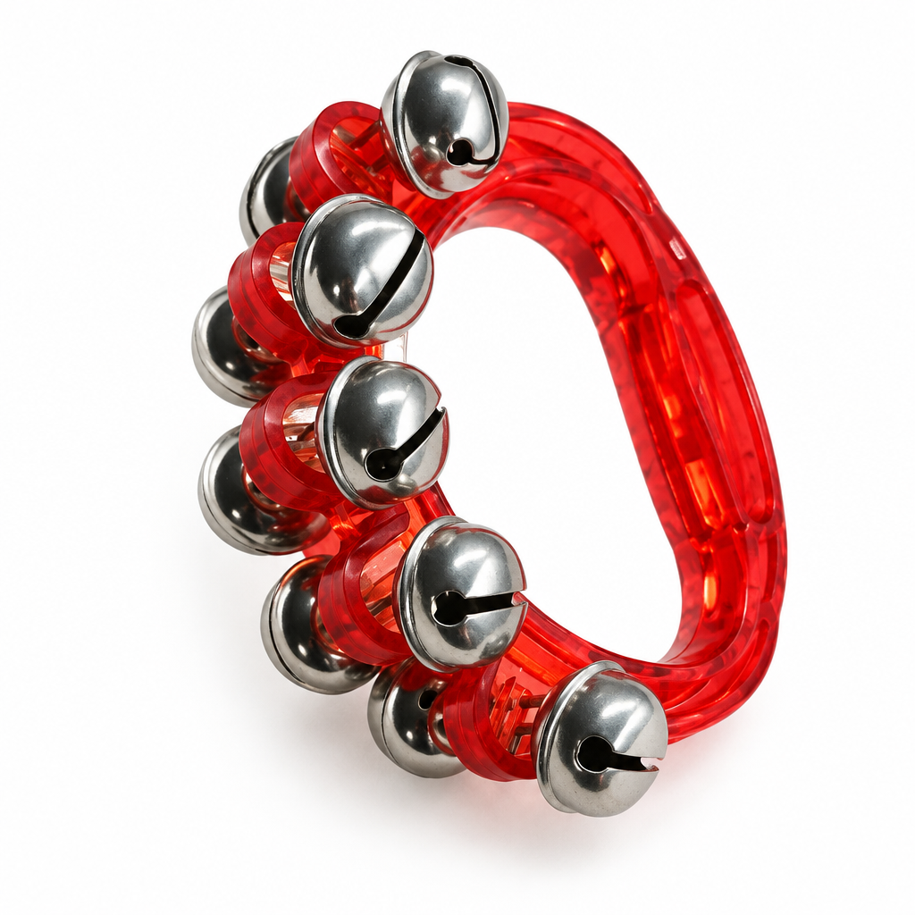 Red translucent handheld sleigh bell with metal bells, angled view