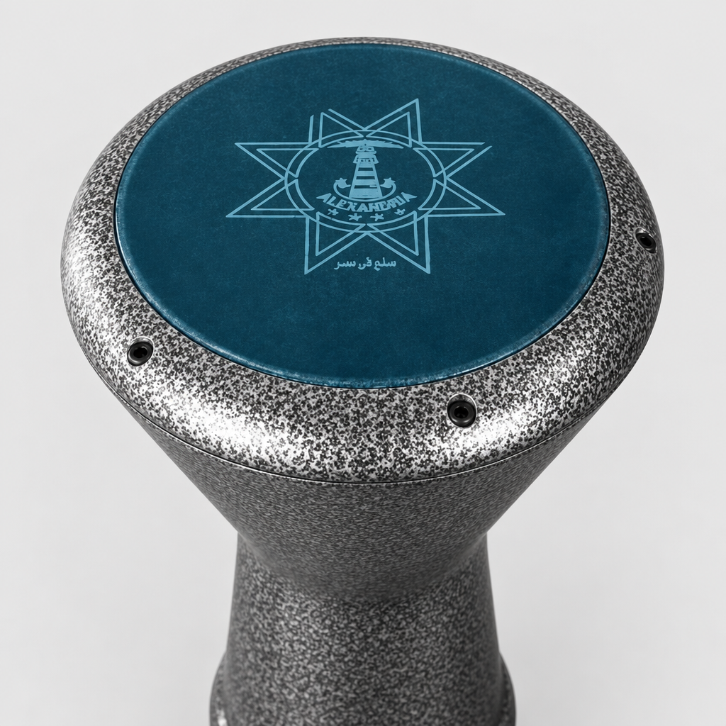 Elevated close-up view of the Egyptian aluminum darbuka drumhead and rim.
