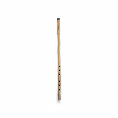 Large natural-toned nai flute shown standing upright with its original finger holes on a white background