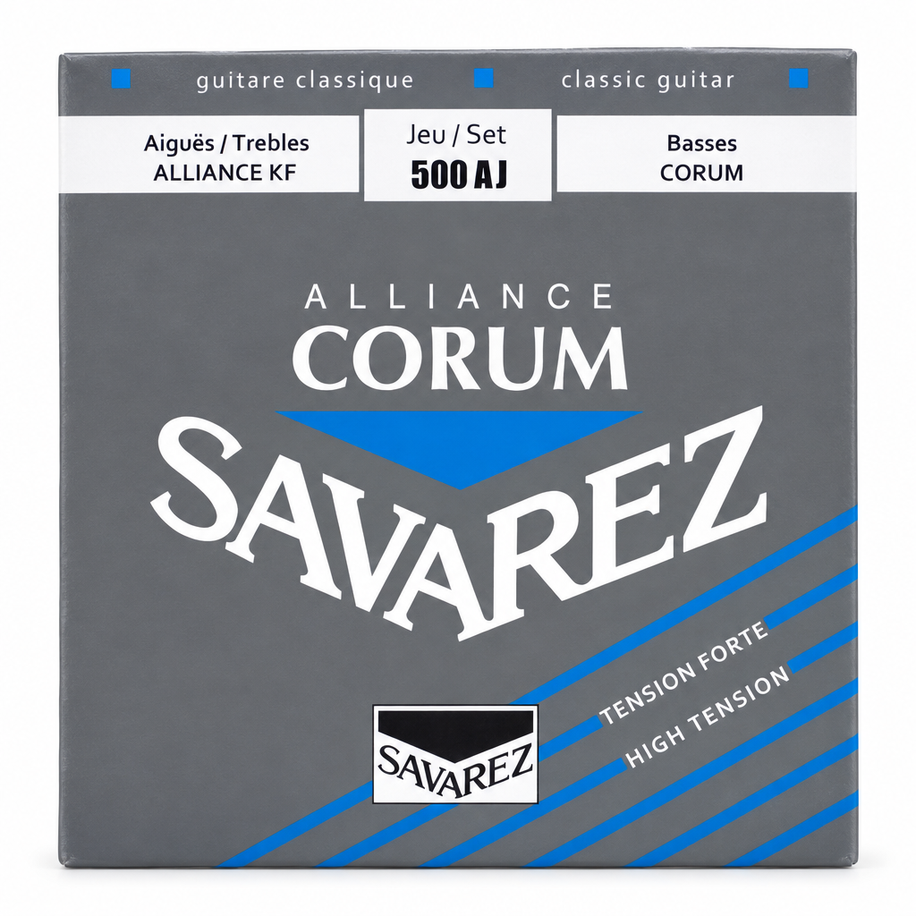 Close-up of the Savarez Alliance Corum 500AJ high tension classical guitar strings package