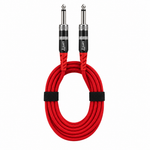Straight front view of the Luxars LCB-3A 3-meter red instrument cable showing its coiled cable jacket and two matching plugs