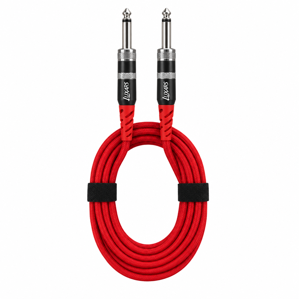Straight front view of the Luxars LCB-3A 3-meter red instrument cable showing its coiled cable jacket and two matching plugs