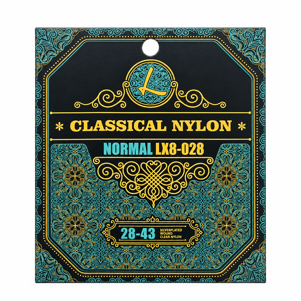 Luxars LX8-028 28-43 normal nylon classical guitar strings package, full front view with original manufacturer packaging and no external stickers or labels