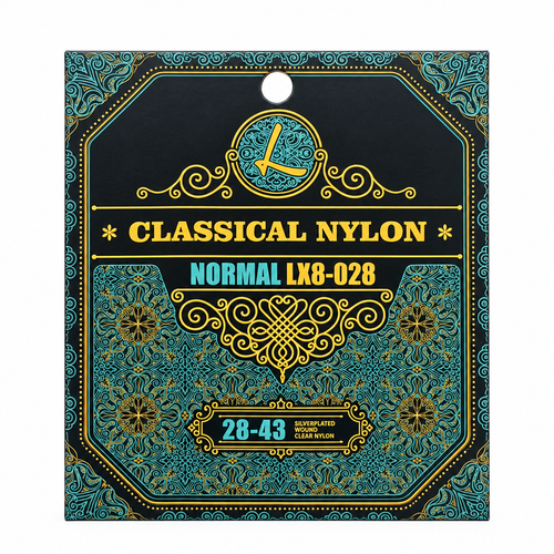 Luxars LX8-028 28-43 normal nylon classical guitar strings package, full front view with original manufacturer packaging and no external stickers or labels