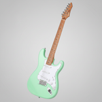 One Deviser L-G25-MBL green guitar shown in a three-quarter diagonal view with its full body, neck, headstock, strings, and hardware