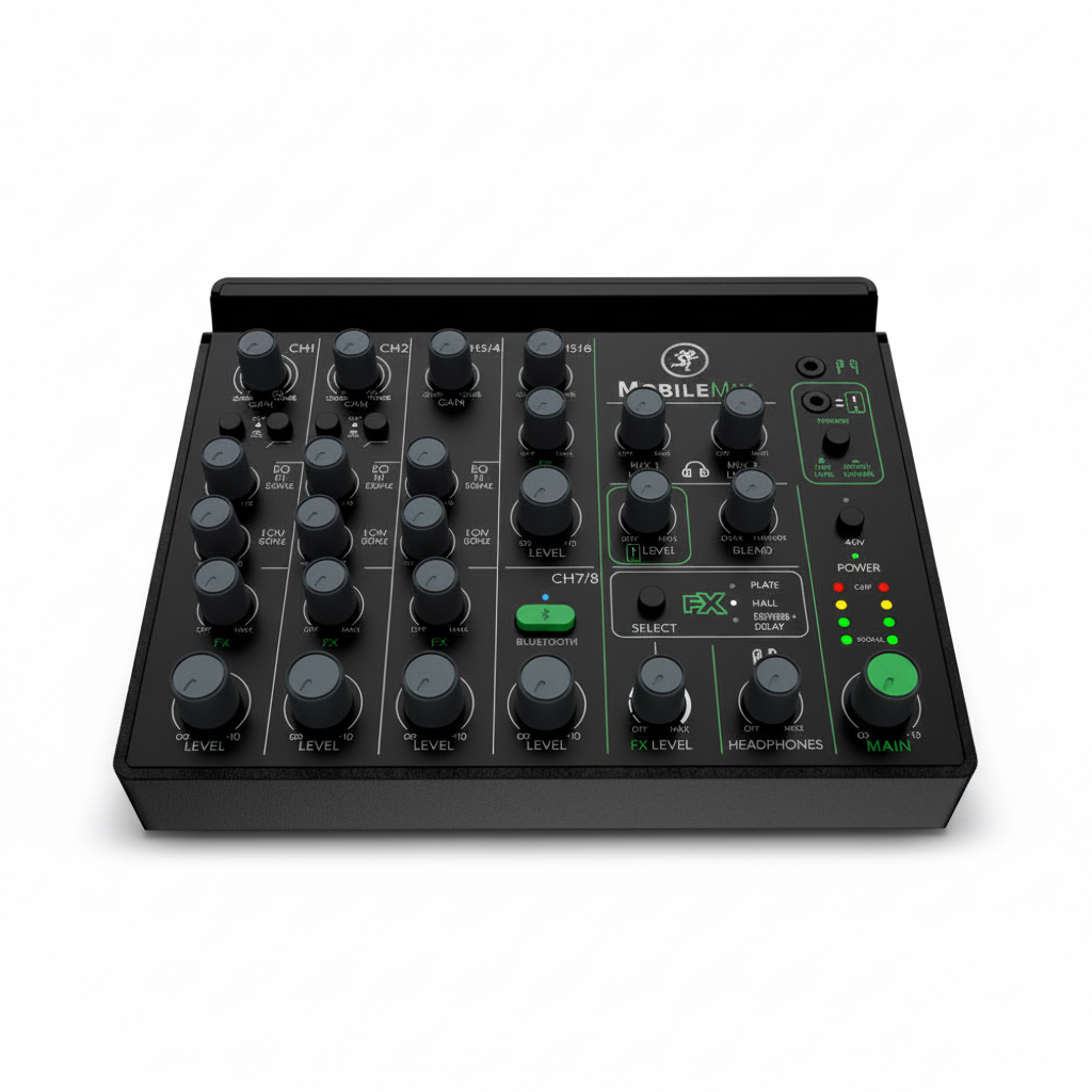One Mackie MobileMix 8-channel portable audio mixer shown from the front with its control surface, knobs, buttons, and Mackie branding
