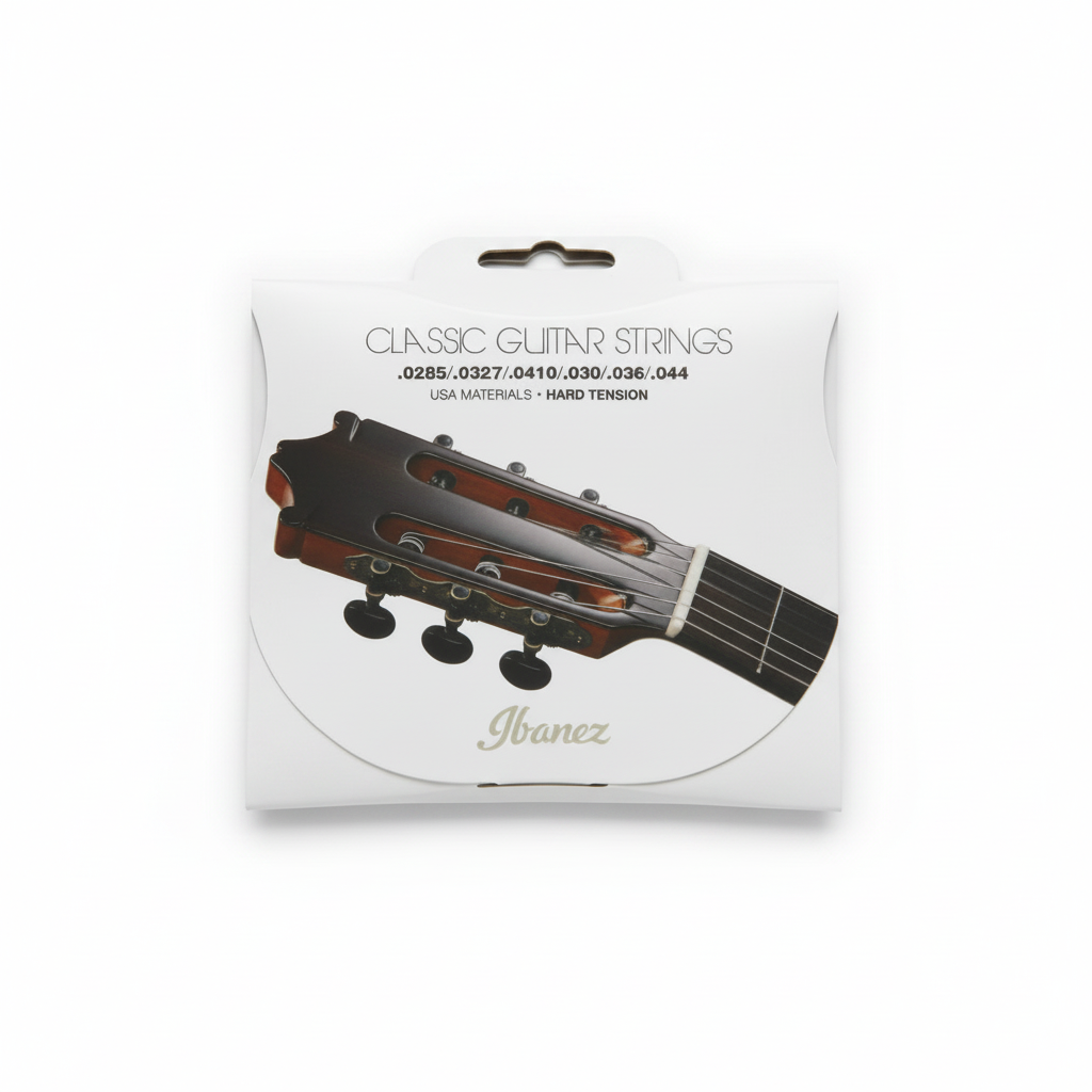 Ibanez ICLS6HT classical guitar strings package lying flat with the full front label, Hard Tension, listed gauges, and Ibanez branding visible on a clean white background
