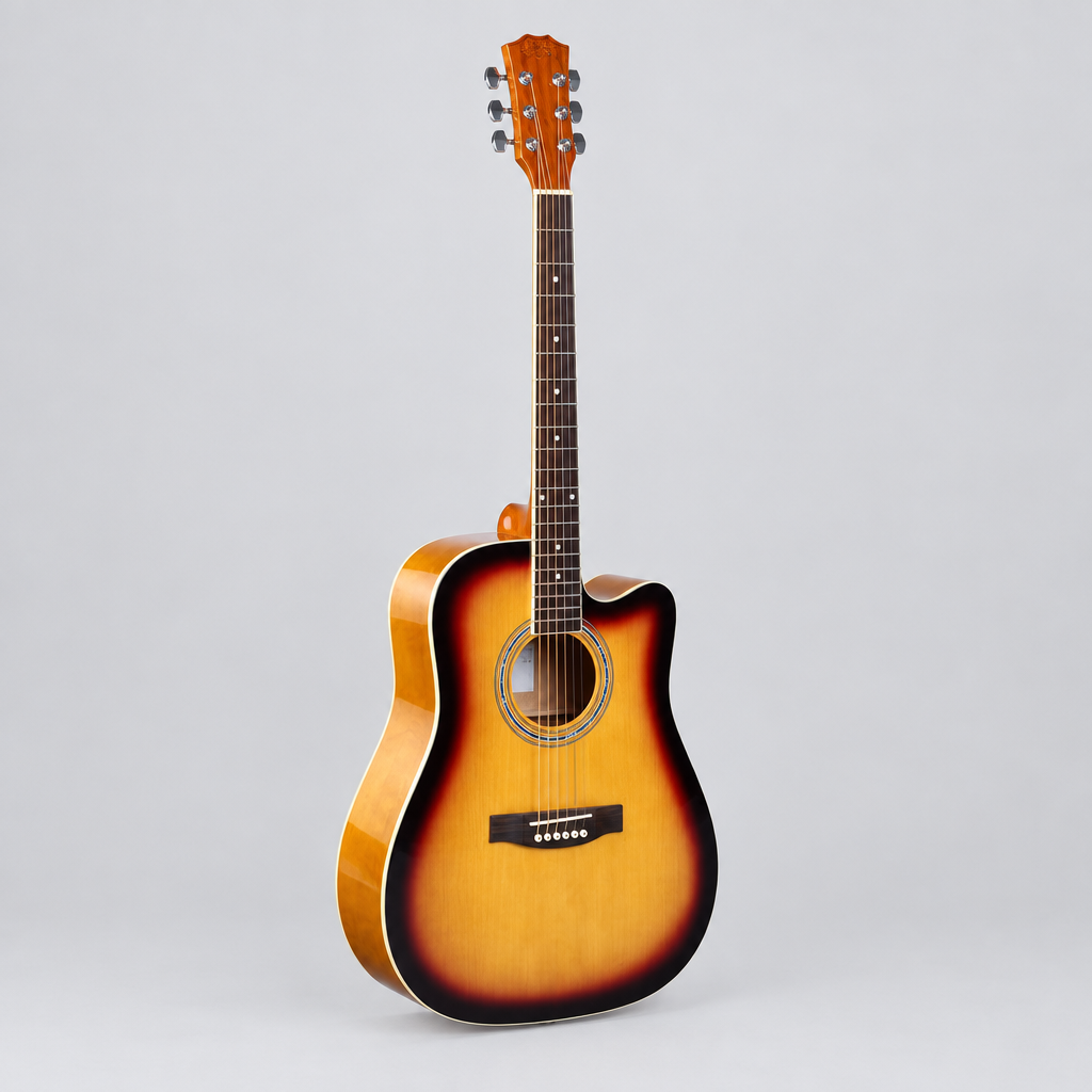 Enjoy E41-DD1 MY4102 acoustic guitar in the sunburst finish shown from a three-quarter angle
