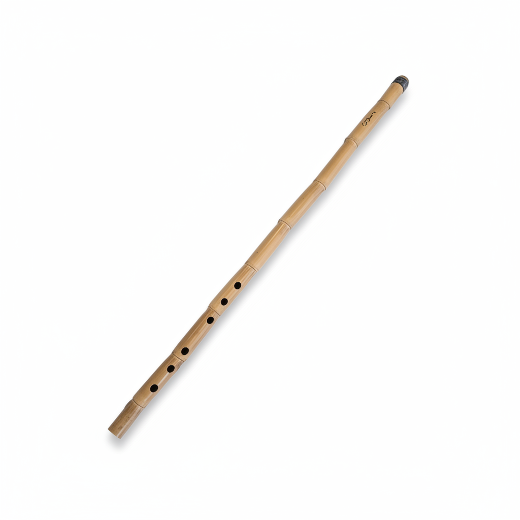 Large natural-toned nai flute shown diagonally with its complete body and original finger holes on a white background