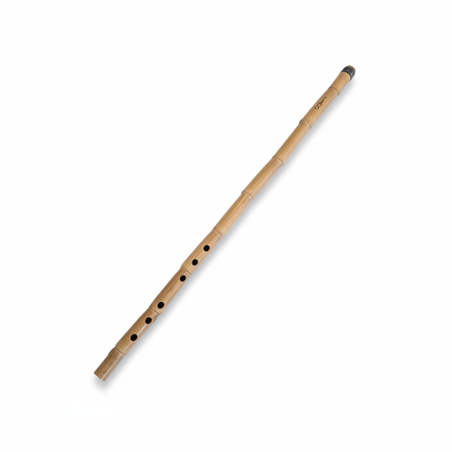 Large natural-toned nai flute shown diagonally with its complete body and original finger holes on a white background