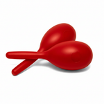 Pair of red maracas shown crossed at a side angle with rounded red shaker bodies and handles on a white background