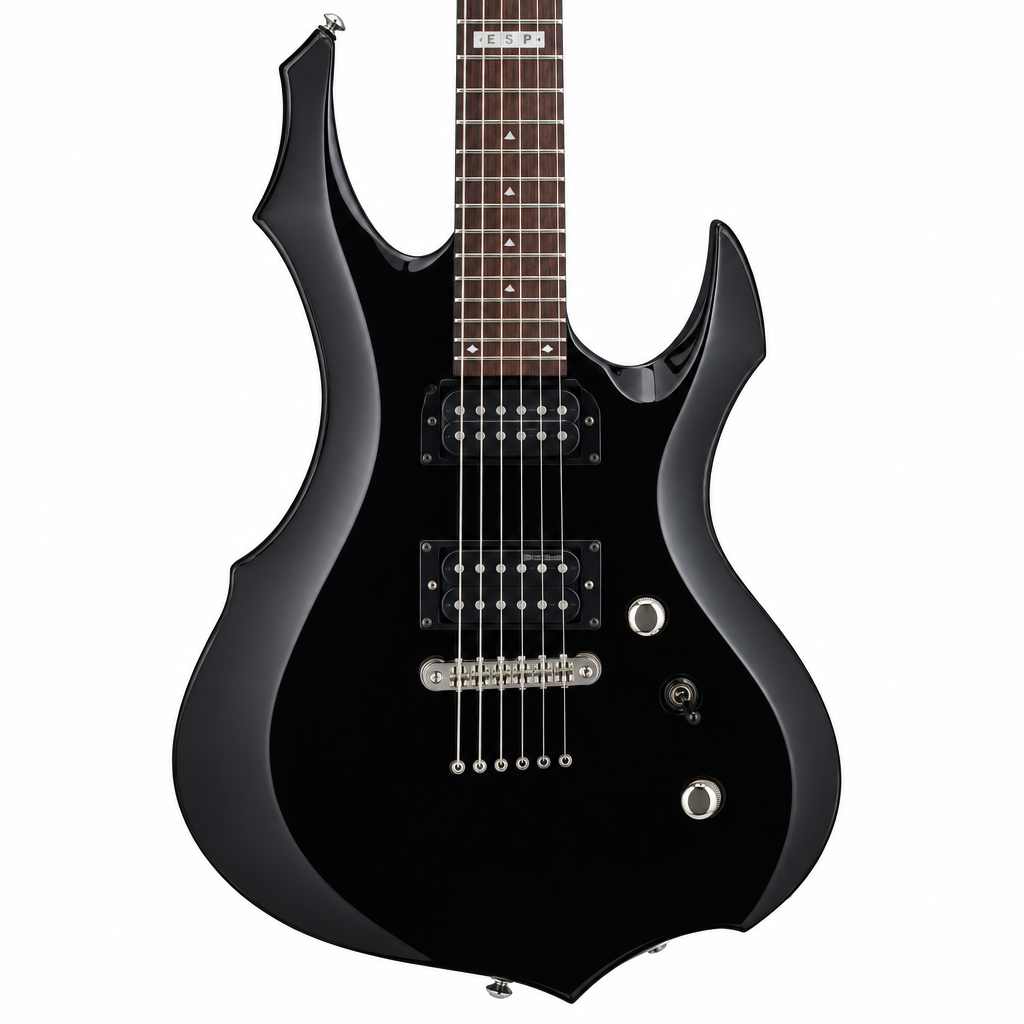 Close-up of the ESP LTD F-10 Series pickups, bridge, and controls