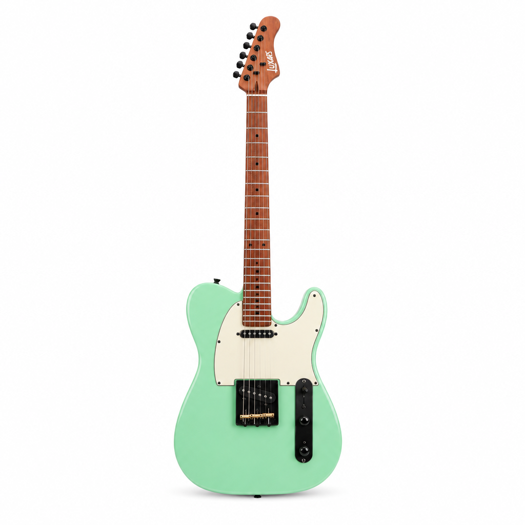 Straight front view of the Luxar S-G17-PRO electric guitar preserving its original mint green finish, body shape, pickups, bridge, controls, neck, and headstock