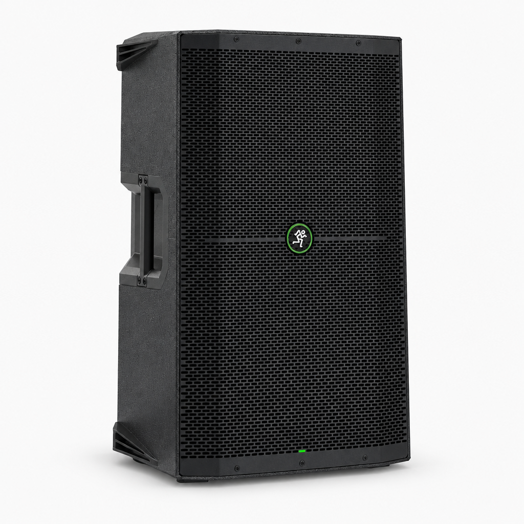 Three-quarter front view of the Mackie Thump215 powered loudspeaker showing its cabinet, grille, and side handle.