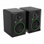 Pair of two Mackie CR5BT black powered studio monitors shown at a three-quarter angle with cabinet depth, 5.25-inch woofers, tweeters, and green trim