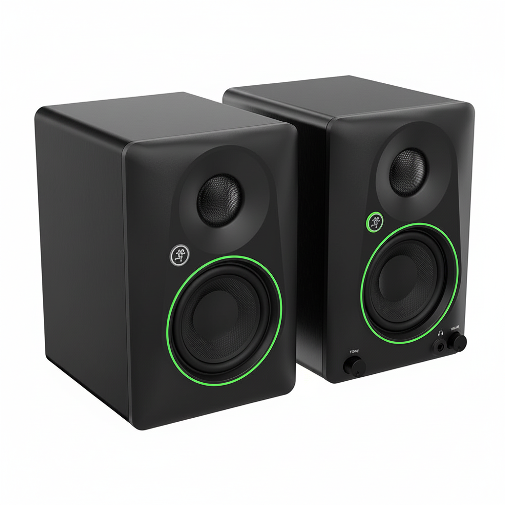 Pair of two Mackie CR5BT black powered studio monitors shown at a three-quarter angle with cabinet depth, 5.25-inch woofers, tweeters, and green trim