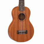 Natural close-up of the Grape GKS-30 21-inch soprano ukulele showing the soundhole, rosette, strings, bridge, and fretboard