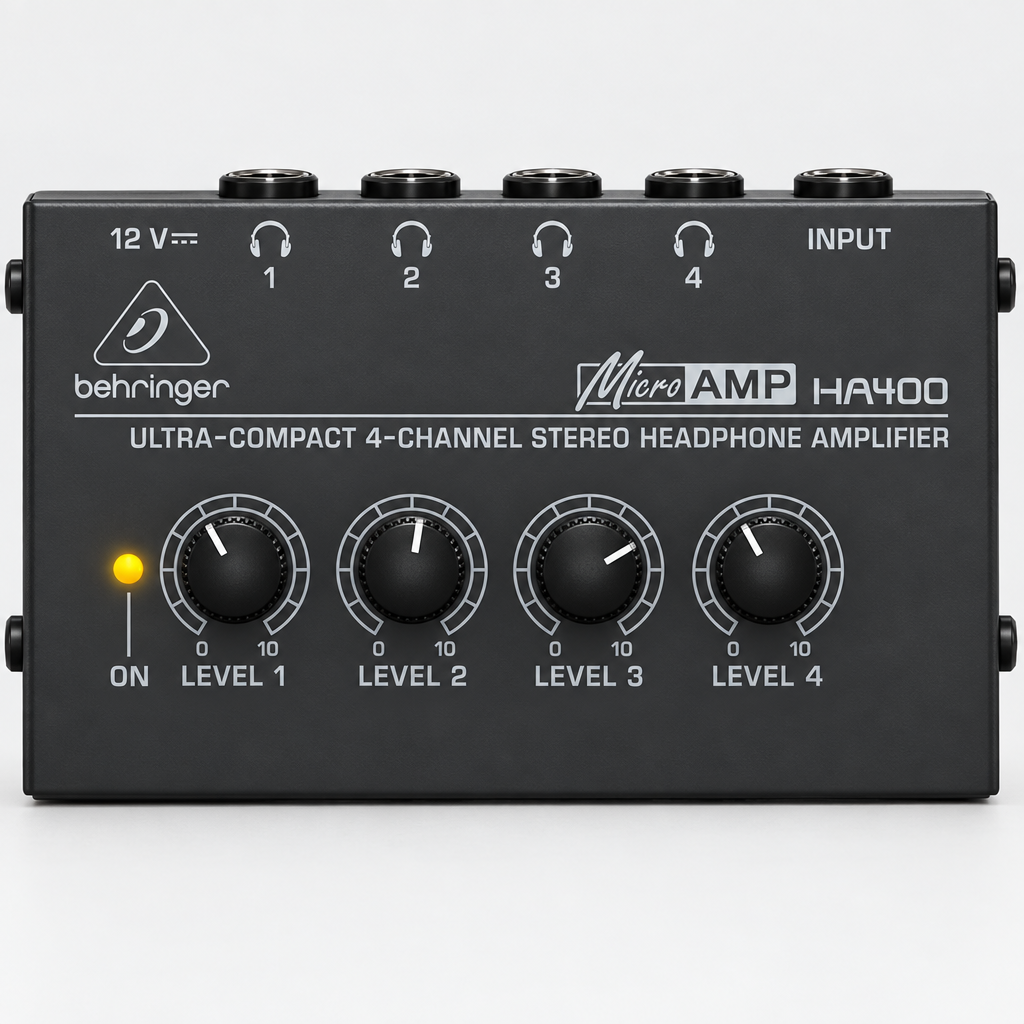Close-up of the Behringer MicroAMP HA400 headphone outputs and individual volume controls.