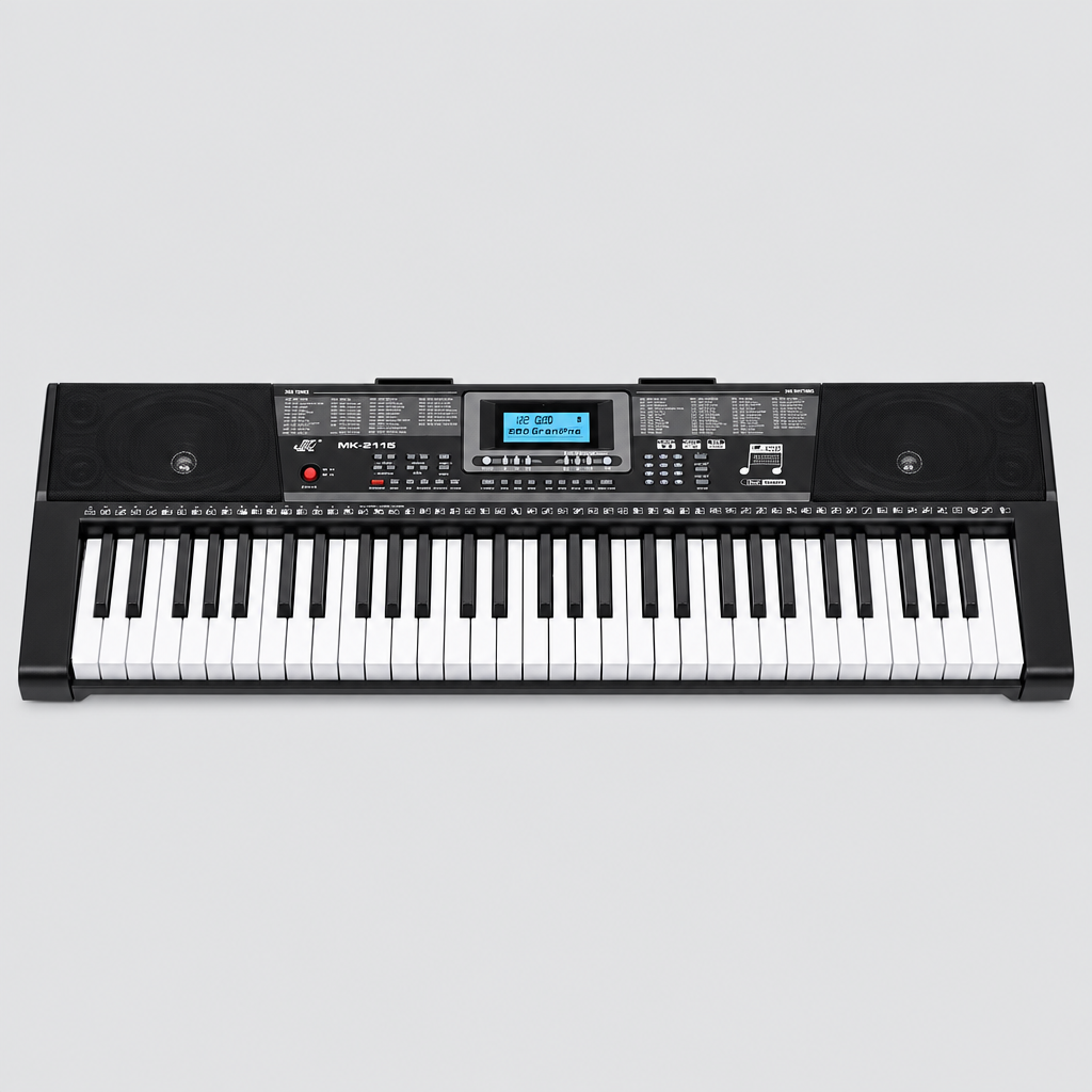 Unbranded MK2115 electronic keyboard shown from the front with its original black and white keys and control panel
