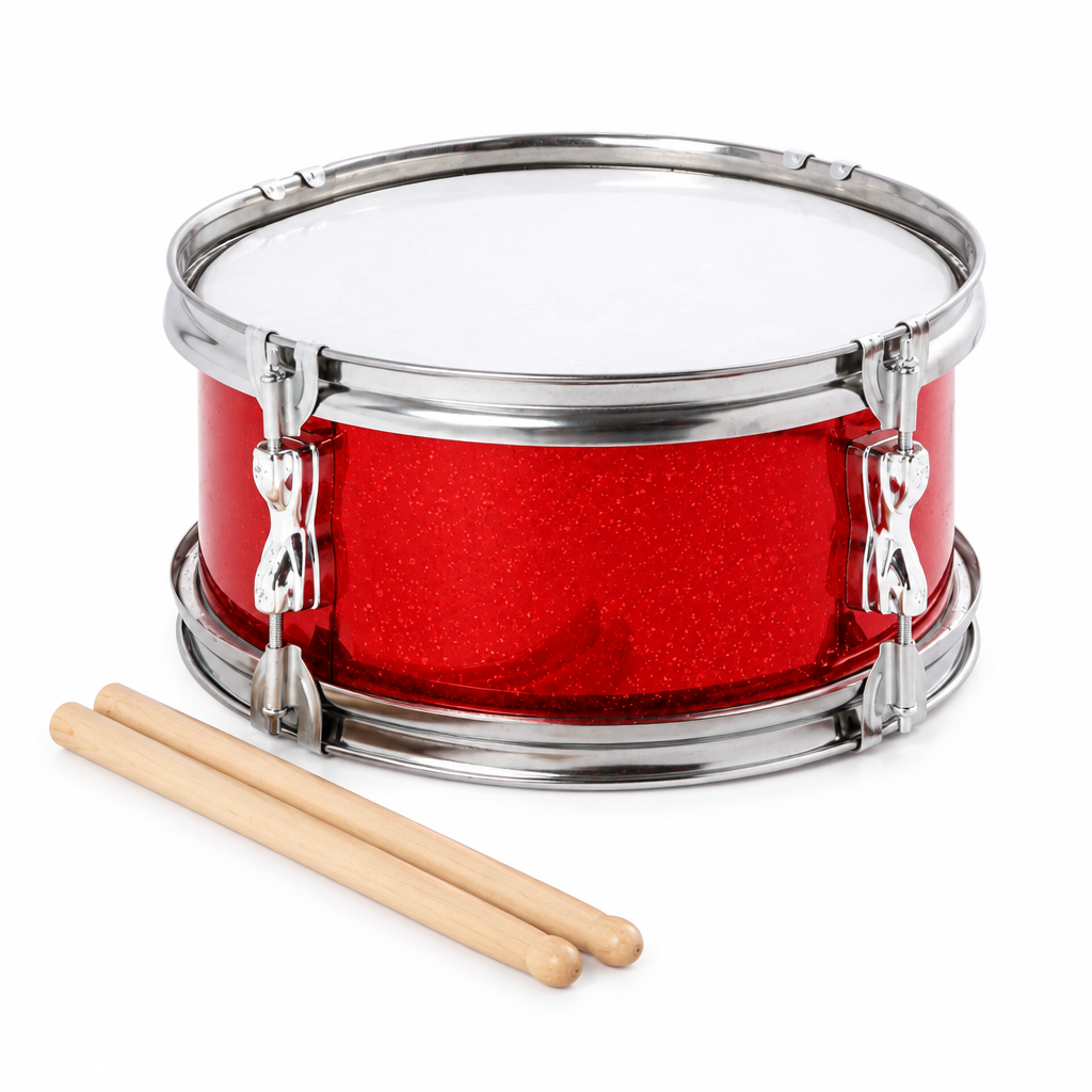 11-inch red snare drum for kids and beginners with two drumsticks, 45 degree view