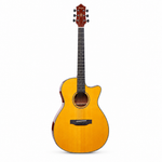Smiger M-D10S natural acoustic guitar, straight front view showing the original cutaway body, soundhole, rosette, bridge, strings, and tuning machines