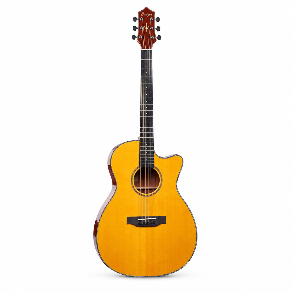 Smiger M-D10S natural acoustic guitar, straight front view showing the original cutaway body, soundhole, rosette, bridge, strings, and tuning machines